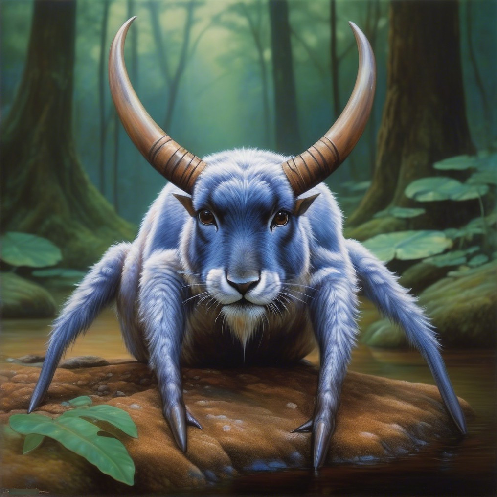 Fantastical creature with goat and spider features in forest