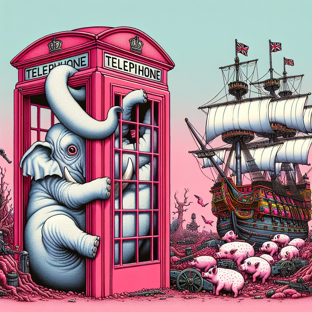 Elephant in Pink Telephone Booth with Sailing Ship