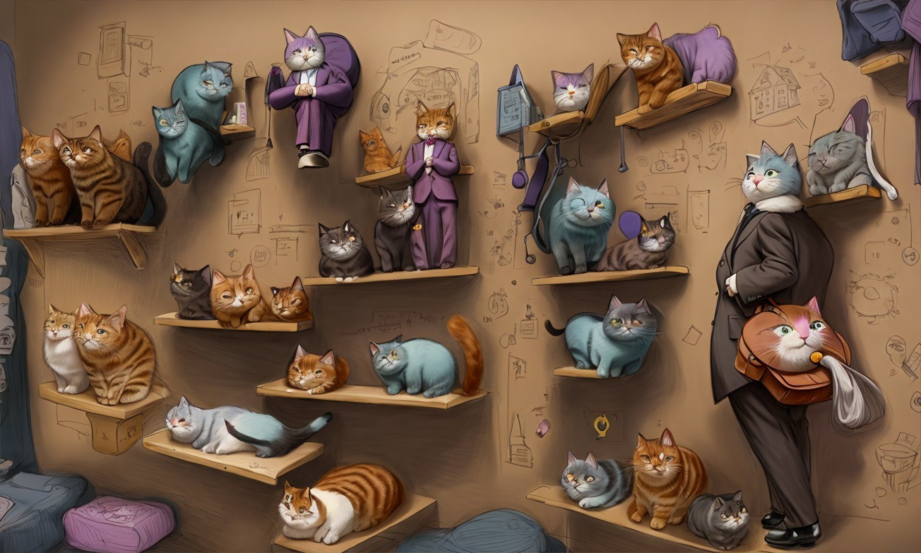 Whimsical Cats in Unique Attire on Floating Shelves