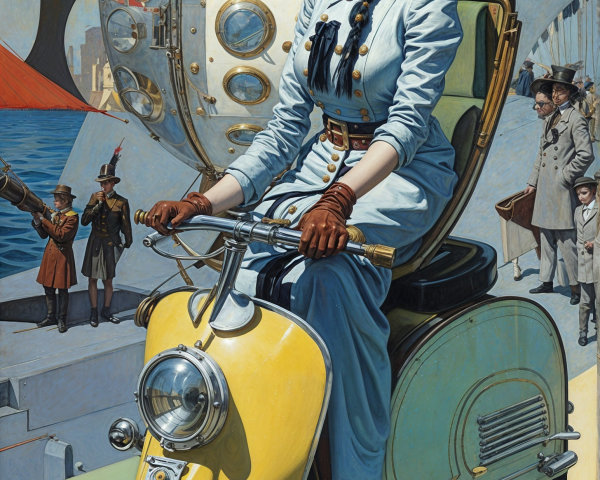 Stylish Woman on Vintage Scooter in Whimsical Scene