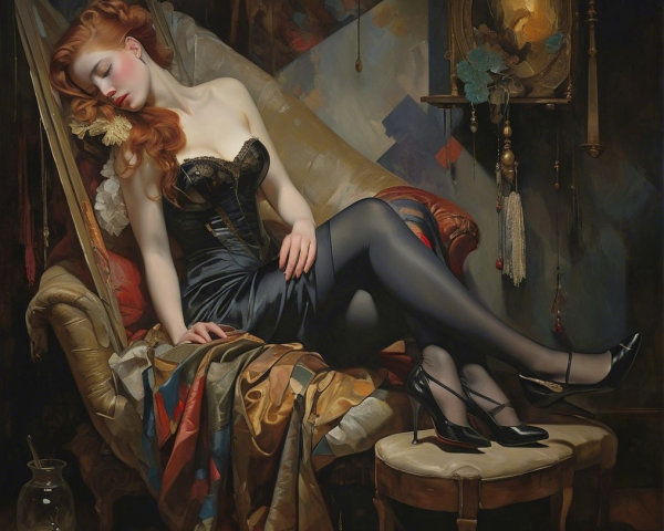 Portrait of a woman in a black corset with red hair