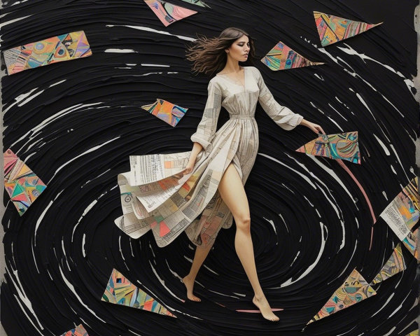 Woman in flowing dress amidst swirling abstract patterns