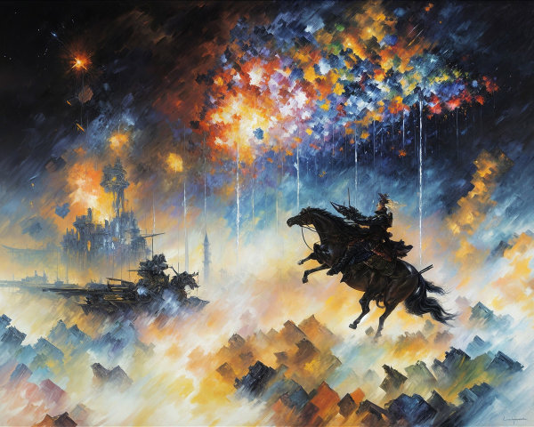 Knight on Horseback with Colorful Sky and Castle