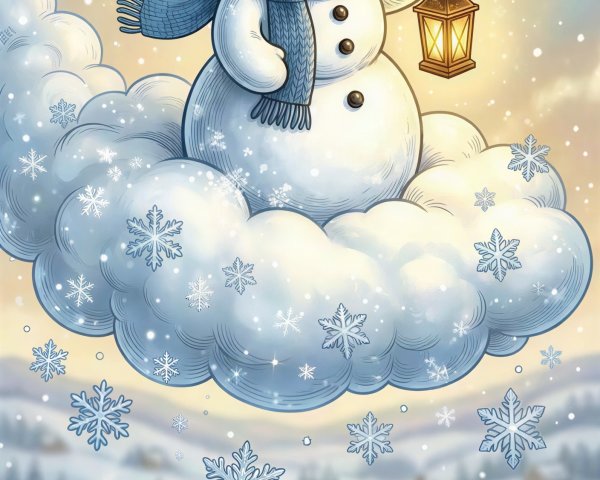 Snowman with Lantern on Cloud Over Snowy Village
