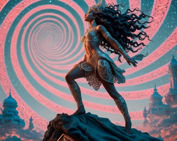 Dark-skinned woman in gold armor against a surreal sky