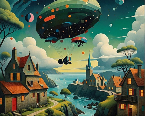 Whimsical Landscape with Colorful Airship and Houses