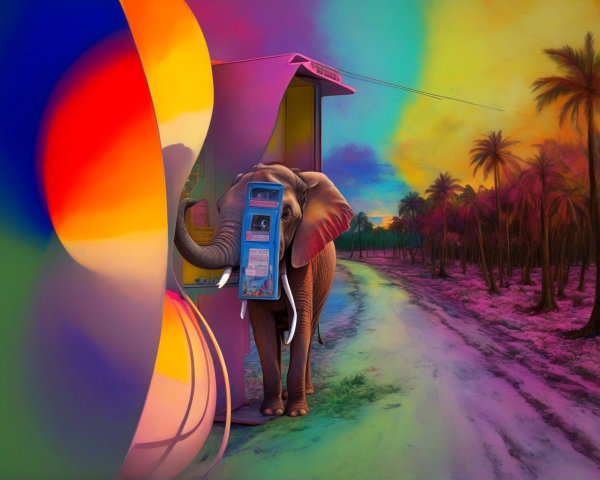 Surreal Photograph of Elephant and Blue Payphone
