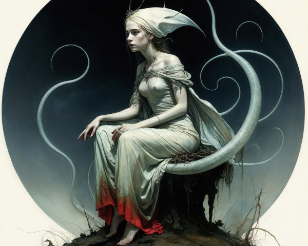 Ethereal Figure on Moss-Covered Stone in Fantasy Scene