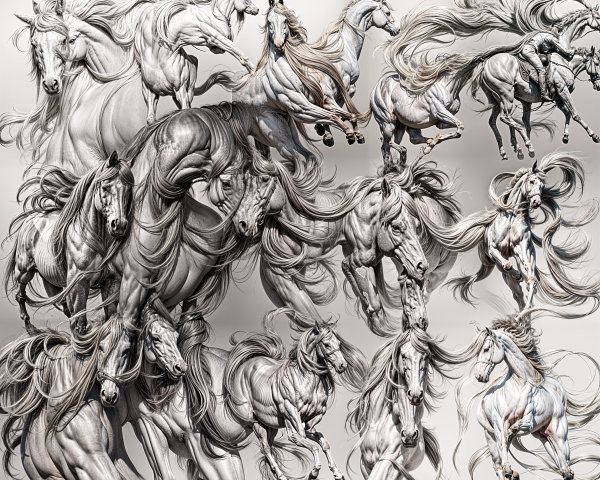 Collage of Graceful White Horses in Motion