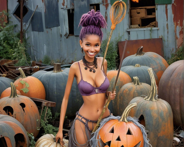 Young Woman in Dreadlocks Among Pumpkins and Autumn Colors