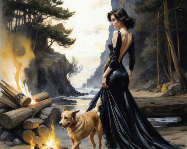 Woman in Black Dress on Beach with Dog and Campfire
