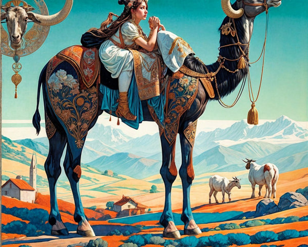 Young Woman on Ornate Camel in Fantastical Landscape
