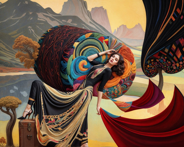 Woman in Ornate Black Dress with Colorful Patterns