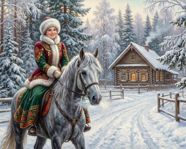 a winter landscape with snow-covered trees and a gray sky.