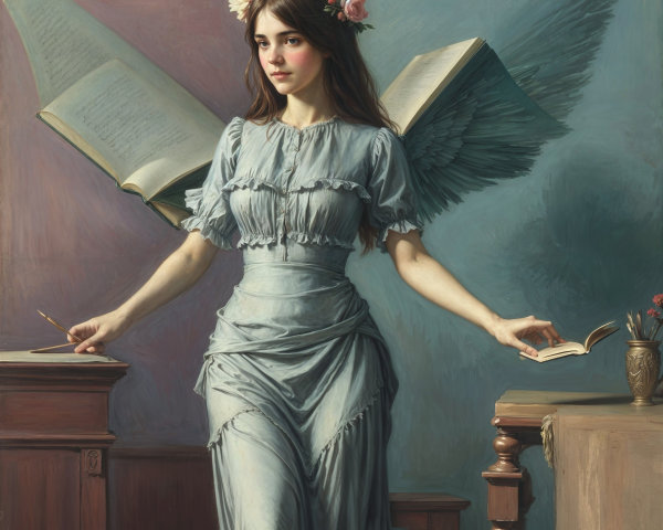 Serene Woman with Floral Hair Surrounded by Books