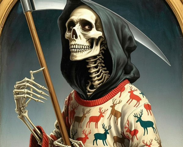 Oil Painting of Grim Reaper in Holiday Sweater