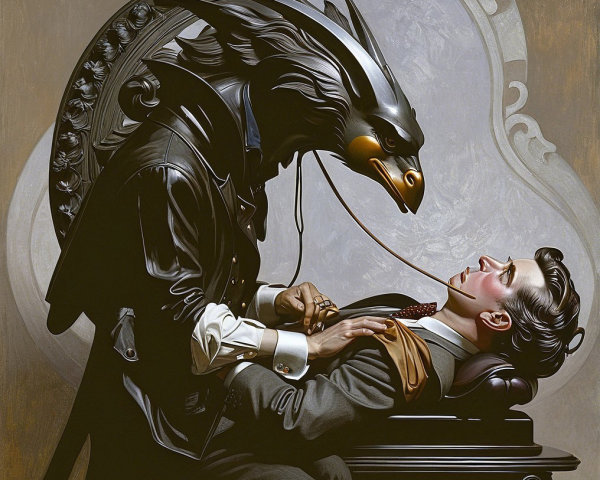 Man in Chair with Mythical Bird-Headed Creature