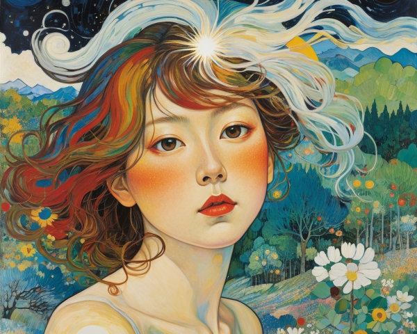 Young Woman in Colorful Landscape with Starry Sky