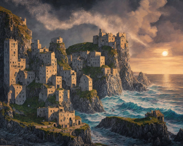 Medieval hillside village overlooking stormy sea at sunset
