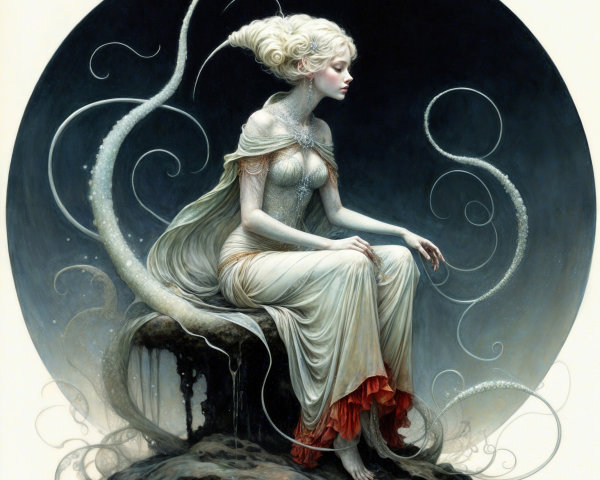 Ethereal Figure on Rocky Outcrop with Surreal Elements
