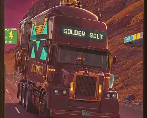 Futuristic truck with geometric designs on desert highway