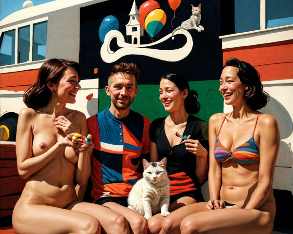 Painting of Four People and Cat by Colorful Mural