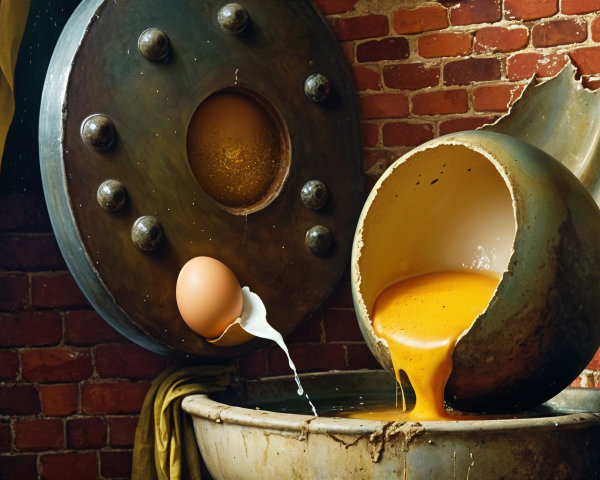 Surreal Scene of Cracked Egg in Metallic Bowl