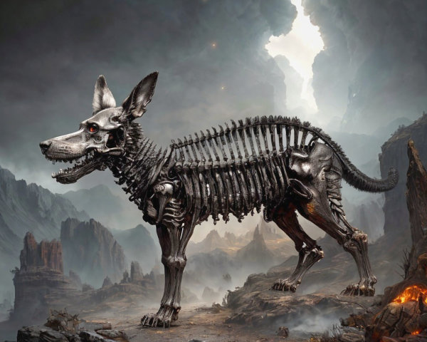Colossal Skeletal Dog in Eerie Rocky Landscape