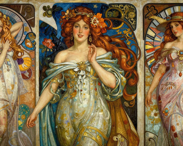 Three Elegant Models in Golden Dresses with Flowers