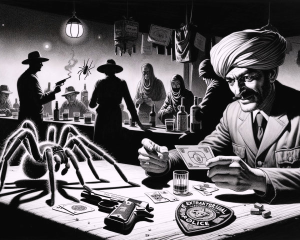 Serious Man in Turban at Dim Tavern with Playing Card