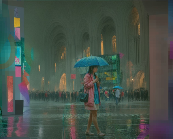 Woman in Pink Raincoat Under Blue Umbrella in Rain