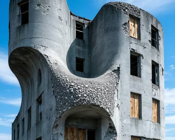 Abandoned Concrete Building with Wavy Facade and Stairs