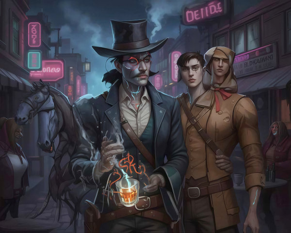Digital painting of men in a neon-lit alley scene