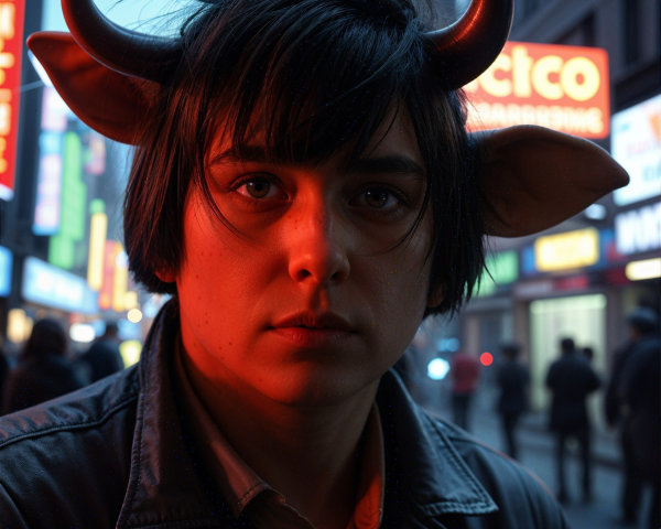 Young person with horns in a neon-lit city at night