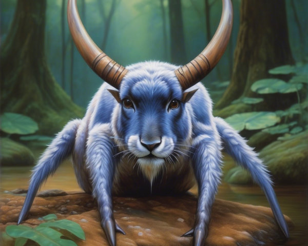Fantastical creature with goat and spider features in forest