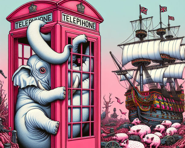 Elephant in Pink Telephone Booth with Sailing Ship