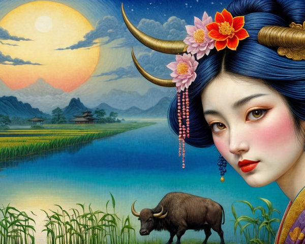 Serene landscape with blue-haired woman and river