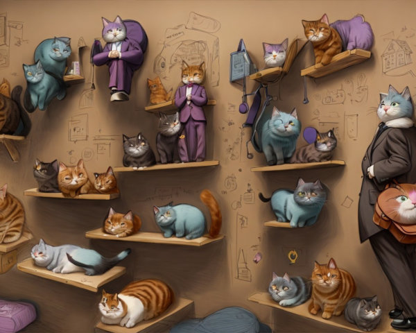 Whimsical Cats in Unique Attire on Floating Shelves