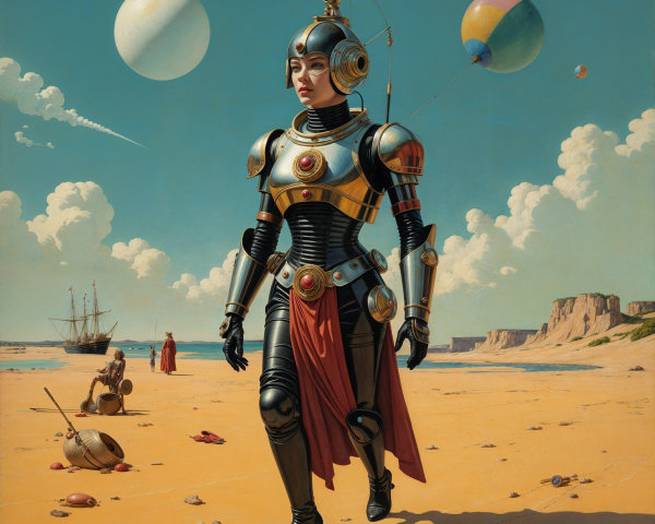 Futuristic warrior on a beach with floating planets