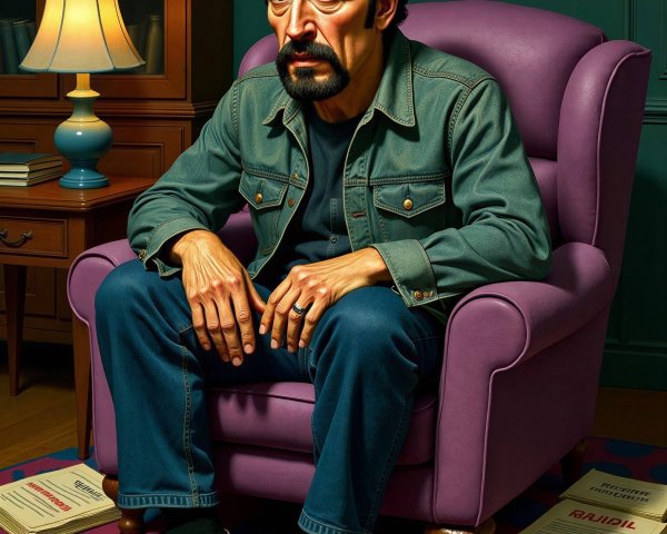 Melancholy man in denim jacket seated in green room