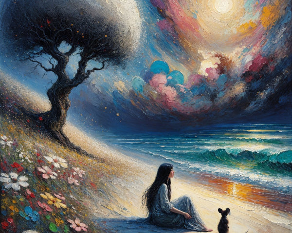 Young woman and dog on beach under colorful sky
