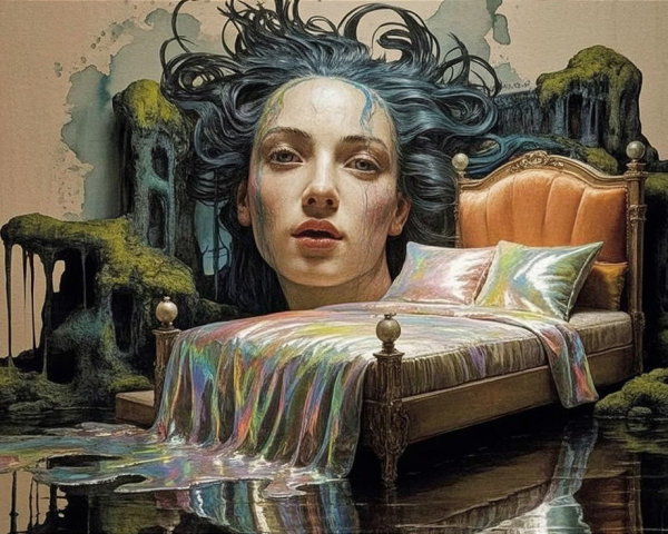 Surreal Watercolor of Woman with Flowing Hair and Rocks