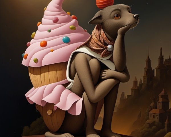 Brown Dog with Cupcake and Bandana on Pedestal