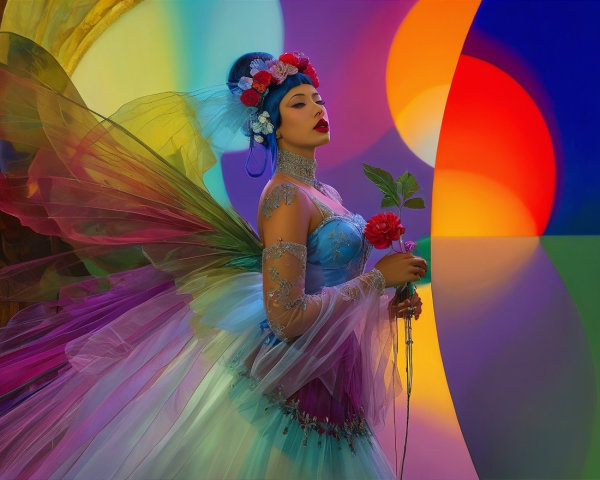 Ethereal figure in vibrant gown with colorful wings