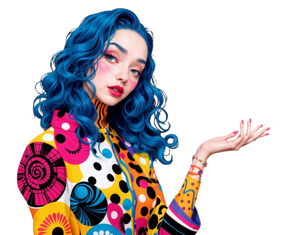 Portrait of a woman with blue hair and colorful attire