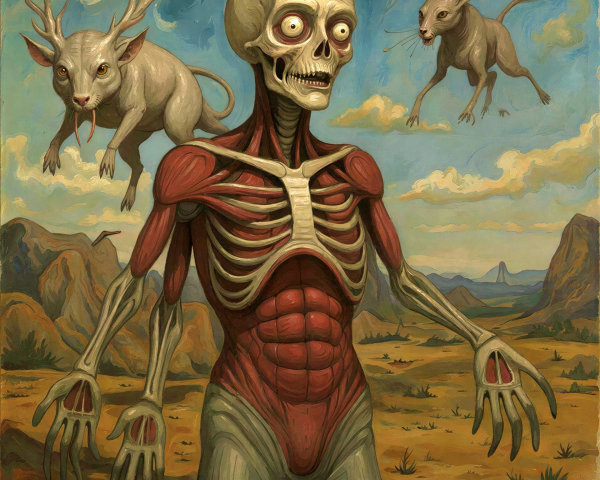 Human Skeleton and Muscle Anatomy with Animals in Desert
