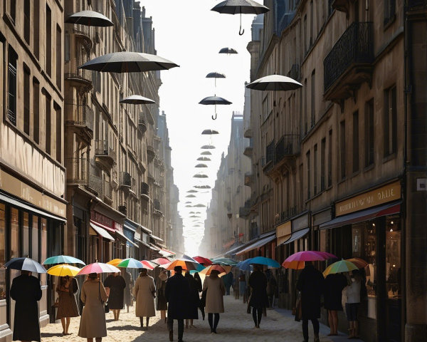 Colorful Umbrellas Over Historic Street Scene