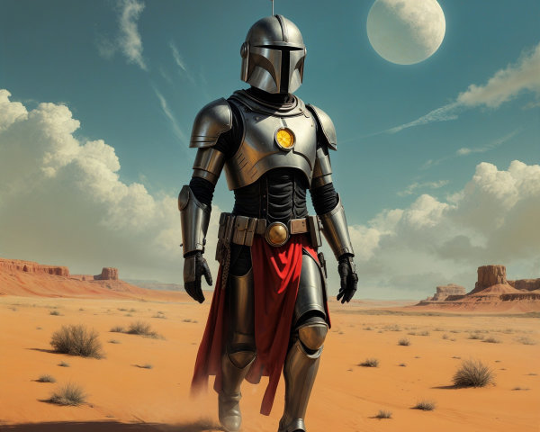 Metallic Armored Warrior in Desert Landscape