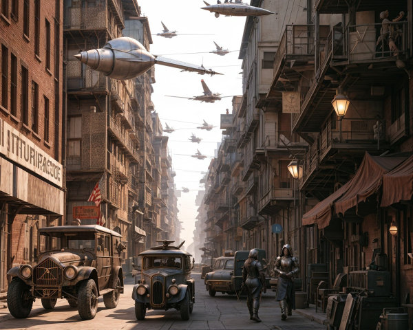 Futuristic Cityscape with Vintage Cars and Flying Vehicles
