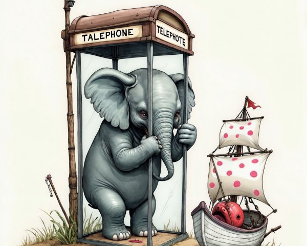 Elephant in Telephone Booth with Pirate Ship Illustration